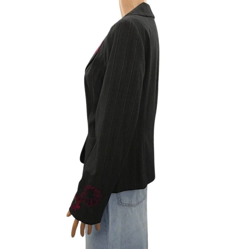 Embroidered Floral Pinstripe Blazer Size 8 Black Whimsigoth Boho Grunge Y2K - Picture 4 of 9